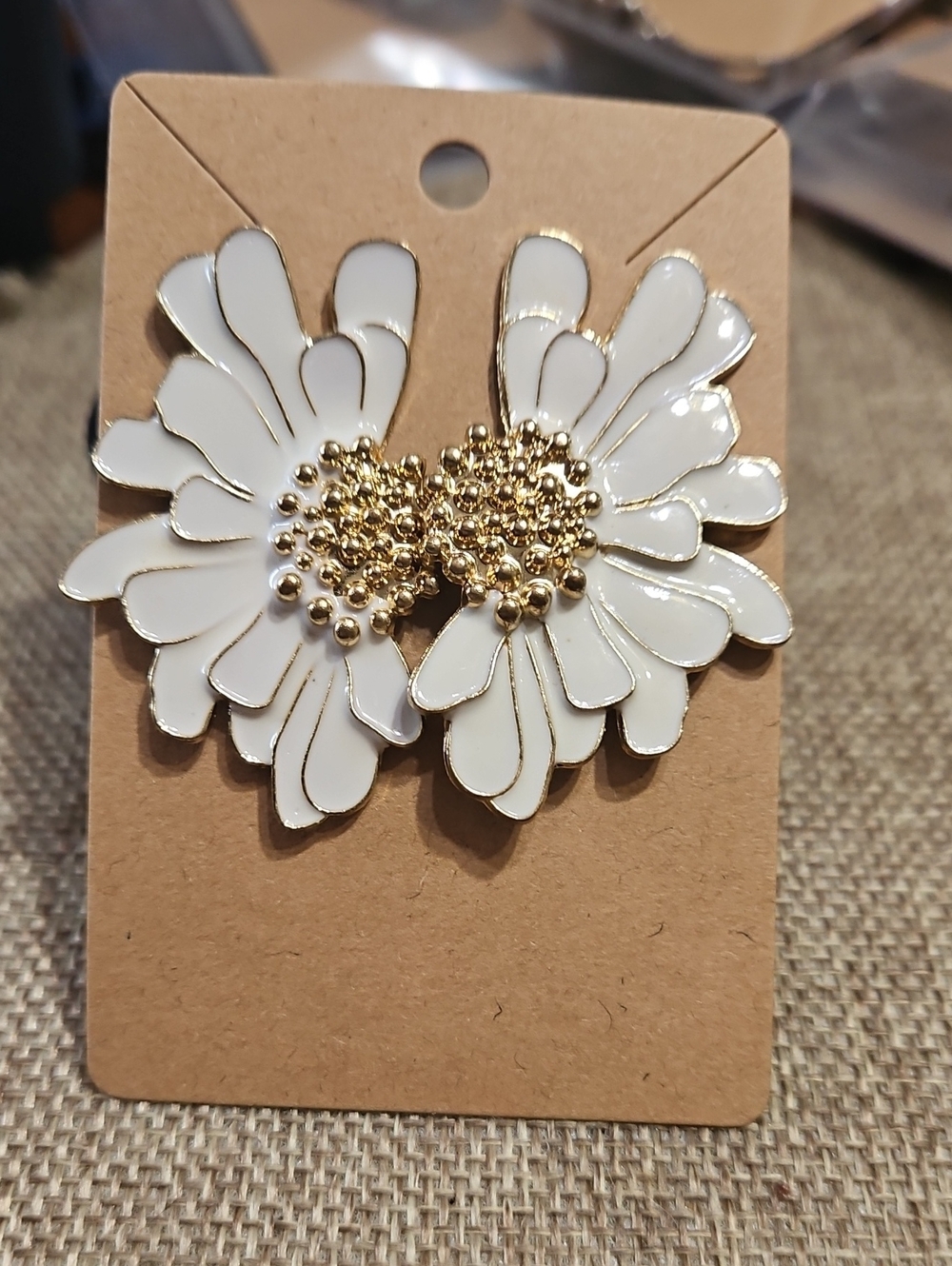 White Floral Cluster Statement Earrings with Gold Accents